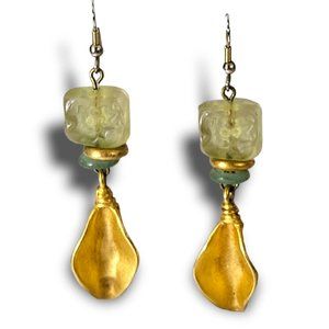 Drop Earrings Faux Green Sea Glass Gold Tone Stylized Leaves